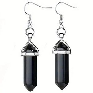 Obsidian Black Natural Stone Gemstone Handmade Hexagon Point Dangle Earrings